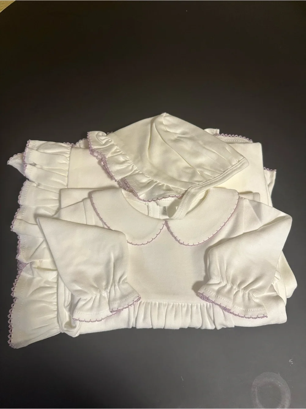 Baby Girls white Long Sleeve Ruffled Layette Set with Light Pink Trim organic